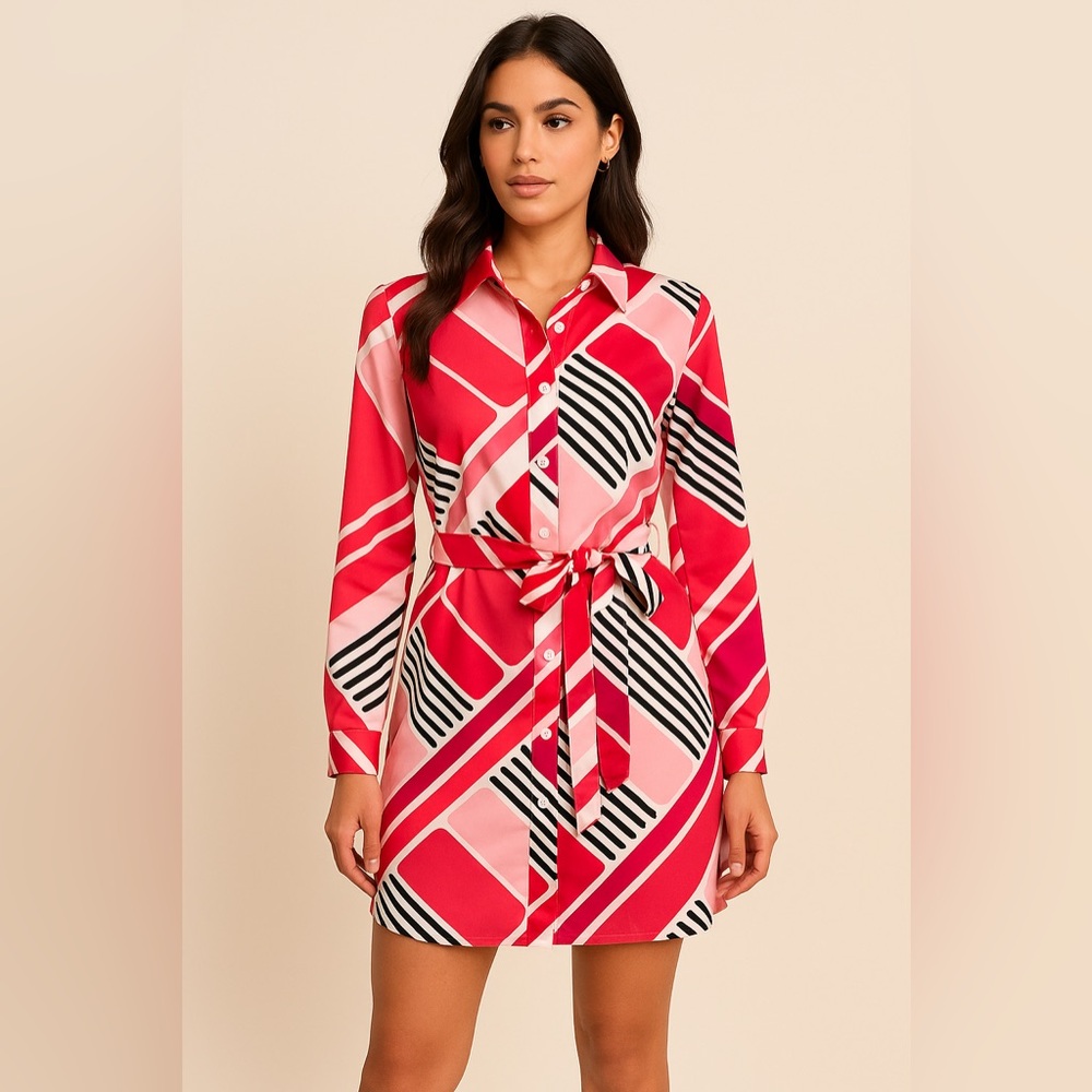 LDT Geometric Print Belted Shirt Dress Size 2 Feminine Pockets Classy Fun Preppy
